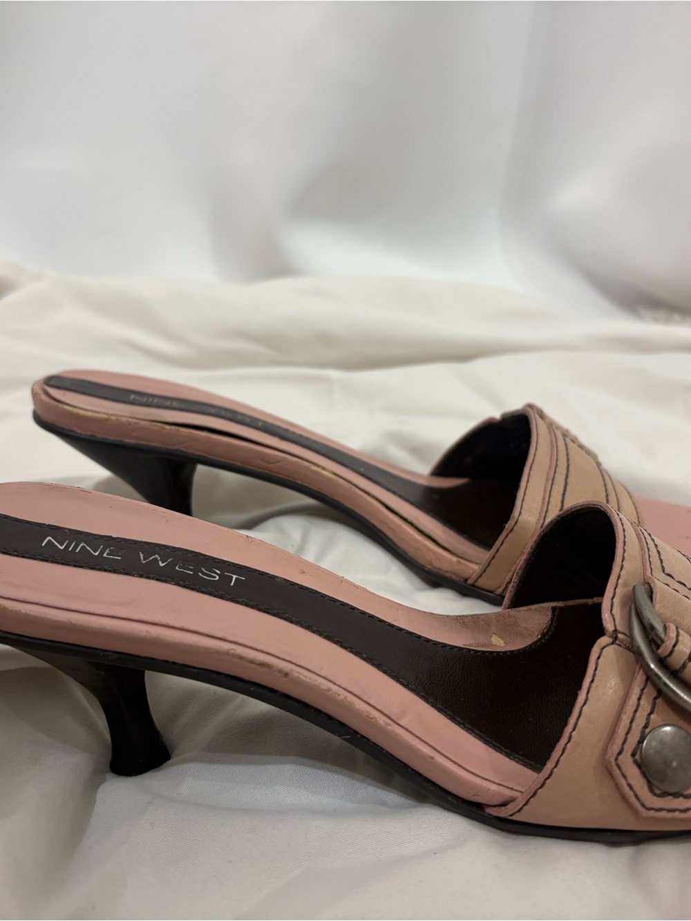 Nine West Blush Pink Leather Mid-Kit Heel Mules